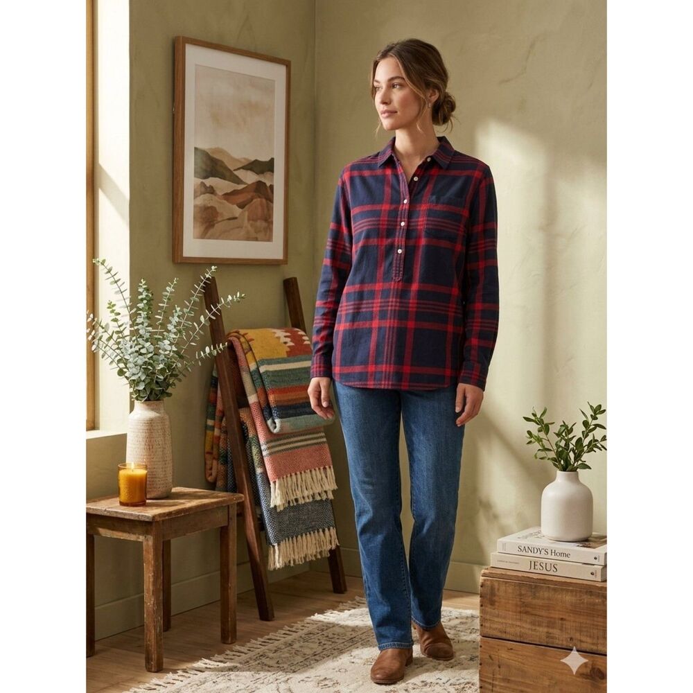 Tommy Hilfiger Plaid Shirt Womens L Red Blue Cotton Roll Tab Preppy